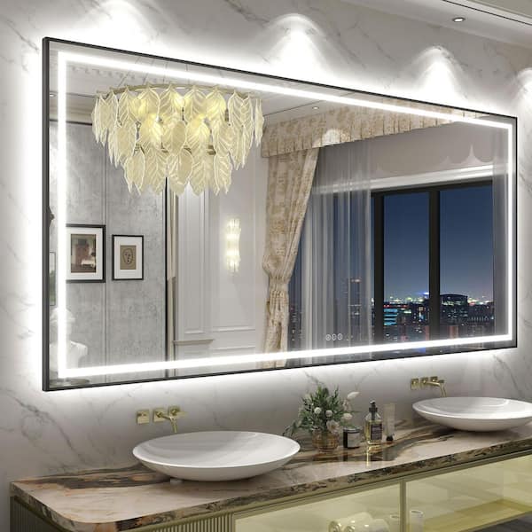 84 in. W x 40 in. H Rectangular Framed Front & Back LED Lighted Anti-Fog Wall Bathroom Vanity Mirror in Tempered Glass