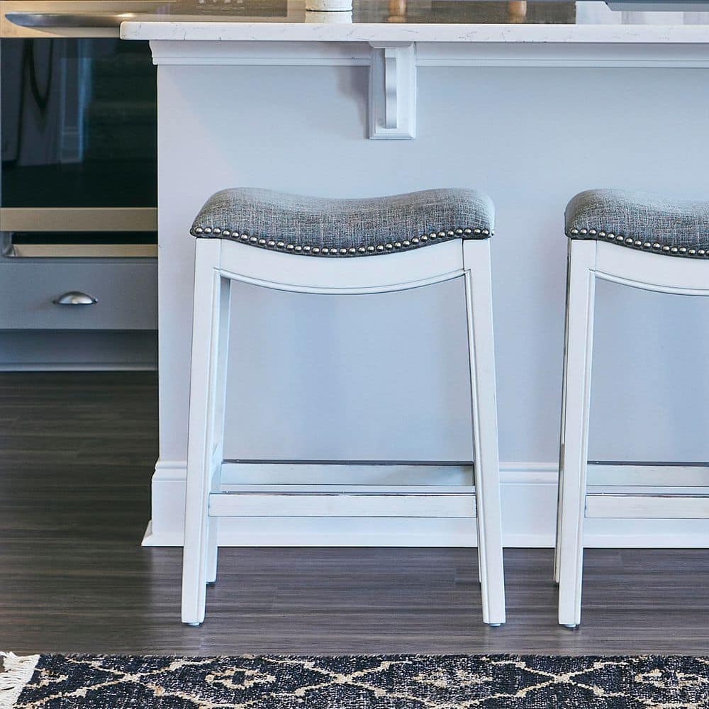 Zoey 31 in. Farmhouse White Backless Wood Bar Stool with Gray Upholstered S