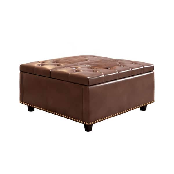 Tileon Large Square Storage Stool with 2 Storage Doors, Footstool For Living Room Studded Coffee Table, PU Leather in Brown