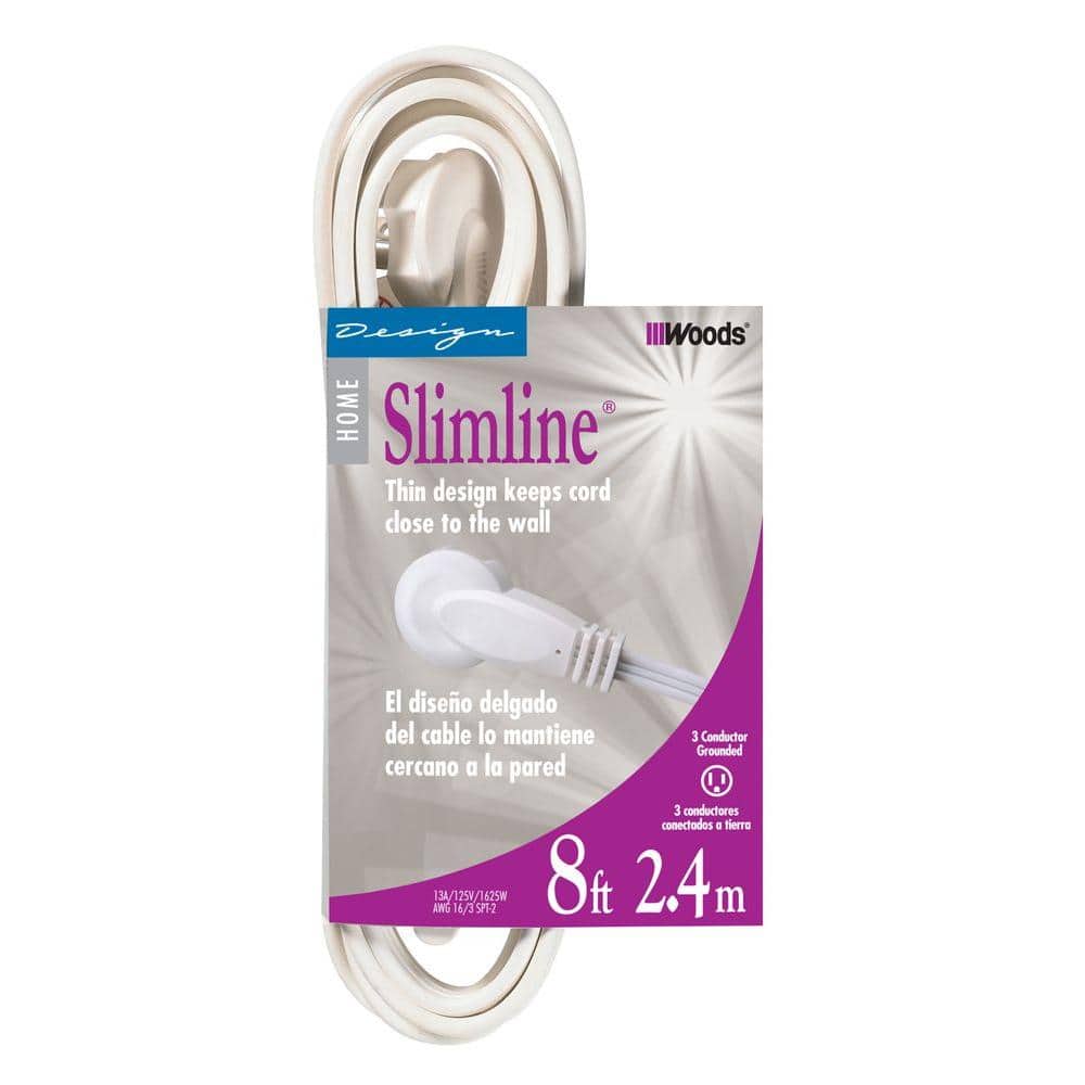 Slimline 2241 Flat Plug Extension Cord, 3-Wire, White, 8', image size:1000x1000