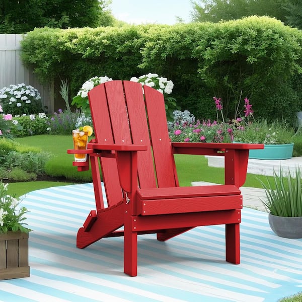 Classic Red Folding Plastic Adirondack Chairs with 2-Cup Holders-Weather Resistant Patio Outdoor Chair (Set of 1)