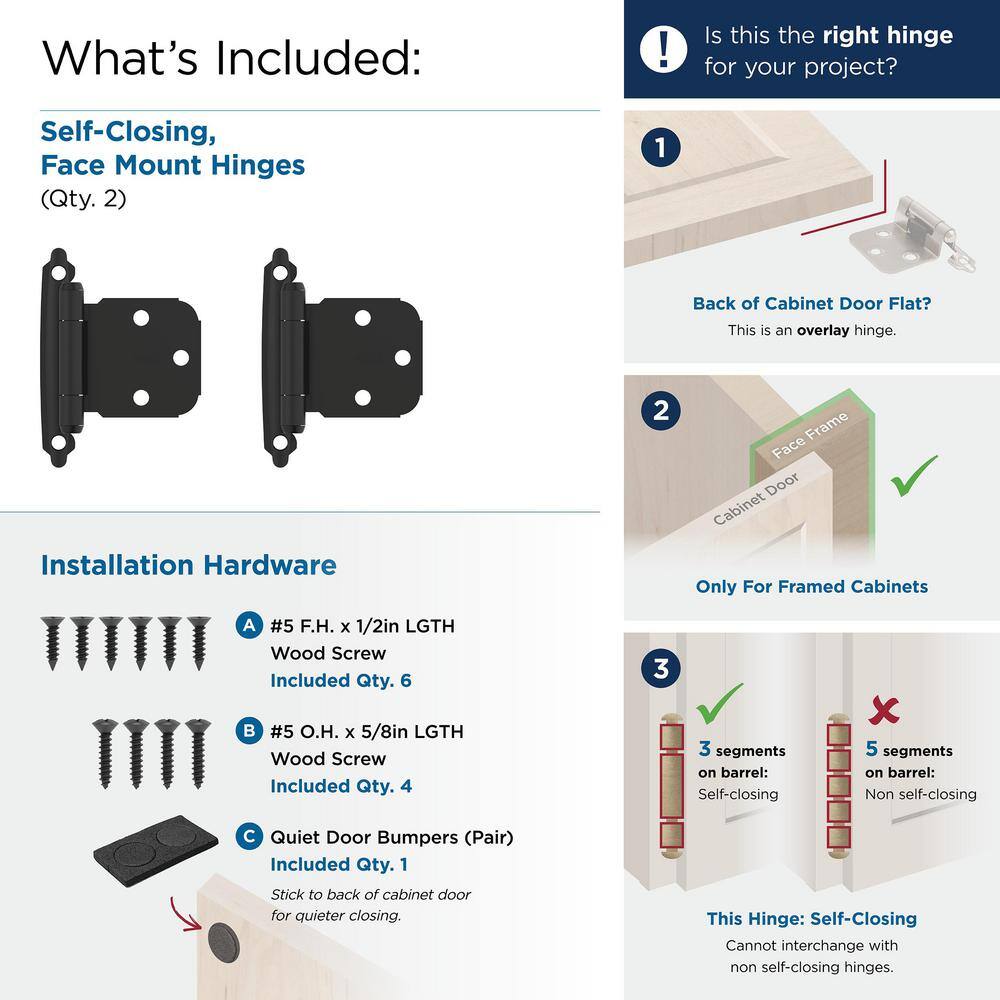 Matte Black Variable Overlay Self-Closing Cabinet Hinges