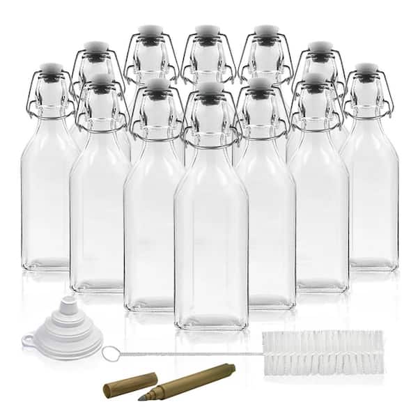 Nevlers 12-Pack 8.5 oz. Square Glass Bottles with Swing Top Stoppers, Bottle Brush, Funnel, and Gold Glass Marker
