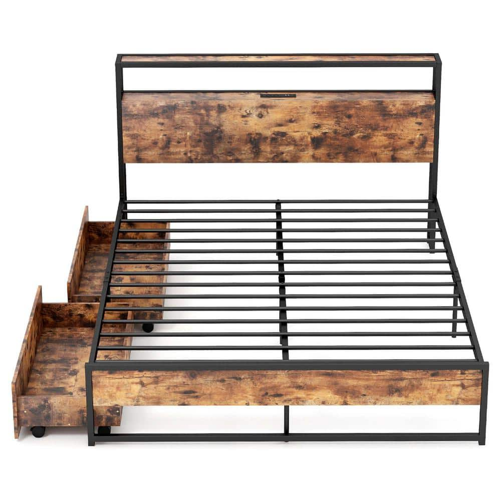 Rustic Brown Metal Frame Queen Industrial Platform Bed Frame with Drawer Storage Headboard Charging Station -  Costway, HU10475-Q