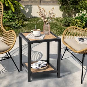 Patio Aluminum Frame PVC-Resin Material Tabletop Double Layer Outdoor Side Table in Black