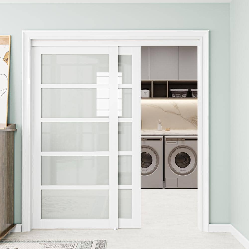 72 in. x 80 in. White MDF Sliding Door with Frosted Glass Panels