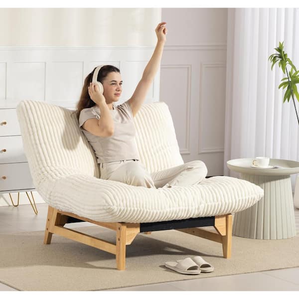 Off-White Bean Bag Accent Sofa with Solid Wood Frame and Backrest for Living Room & Bedroom