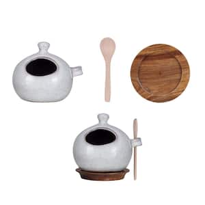 Reactive Glaze Cream Stoneware Salt and Pepper Mills with Wood Spoon and Coaster