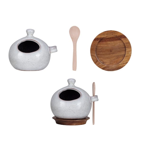 Storied Home Reactive Glaze Cream Stoneware Salt and Pepper Mills with Wood Spoon and Coaster