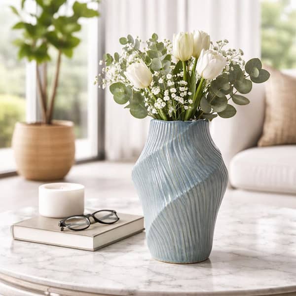 Liv & Skye 14 in. Blue Ceramic Round Sculptural Ribbed Decorative Vase