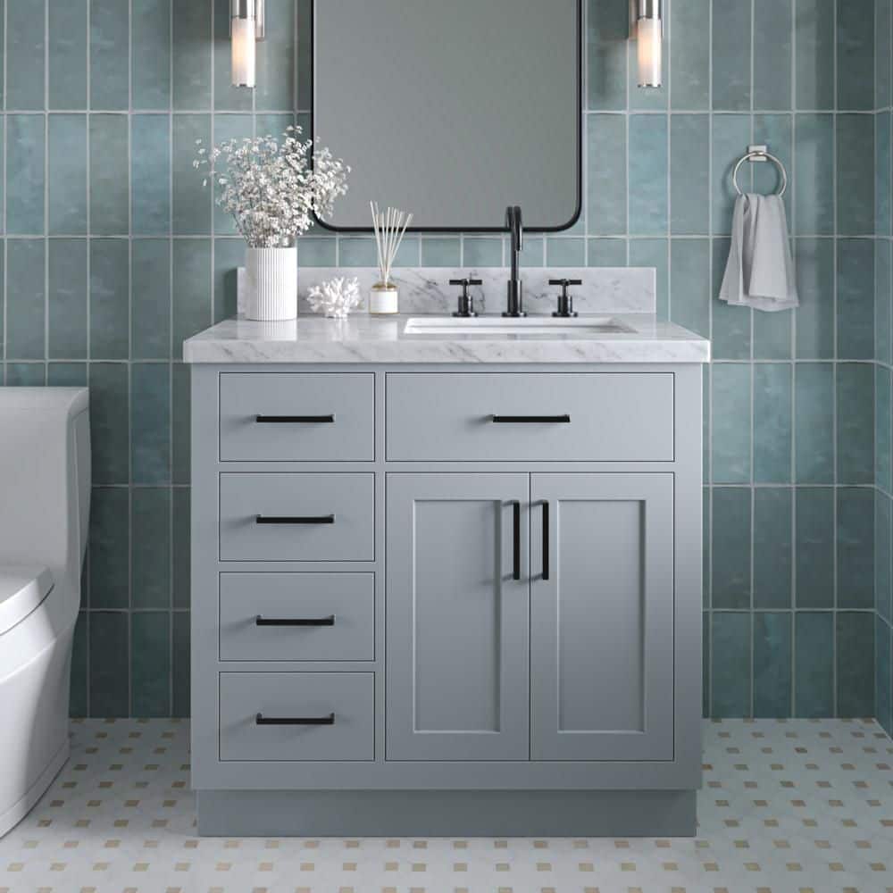 Hepburn 36 in. Single Sink Freestanding Bath Vanity in Gray with Carrara White Marble Top & Sidesplash price history on PriceWatchPro