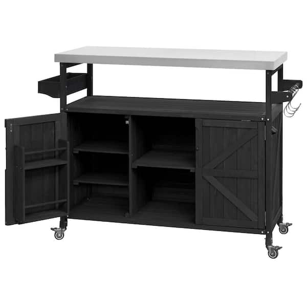 Black Stainless Steel Top 50.25 in. Kitchen Island with Storage Cabinet, Spice Rack, Towel Rack and 4-Wheels