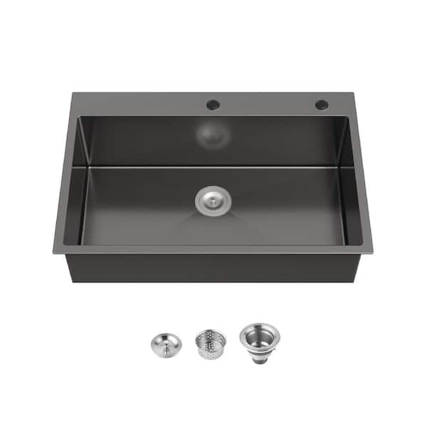 16 Gauge Black Stainless Steel 33 in. x 22 in. Drop-In Bar Sink with Drain and Hook