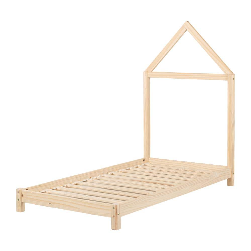 Natural Pine Twin Platform Bed with House Frame Headboard