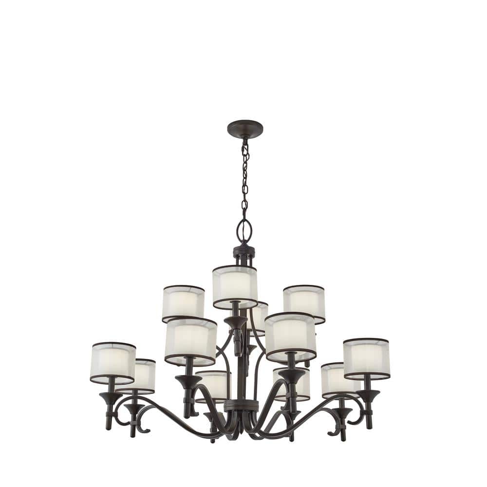 Mission Bronze 12-Light Drum Chandelier with Satin Etched Glass