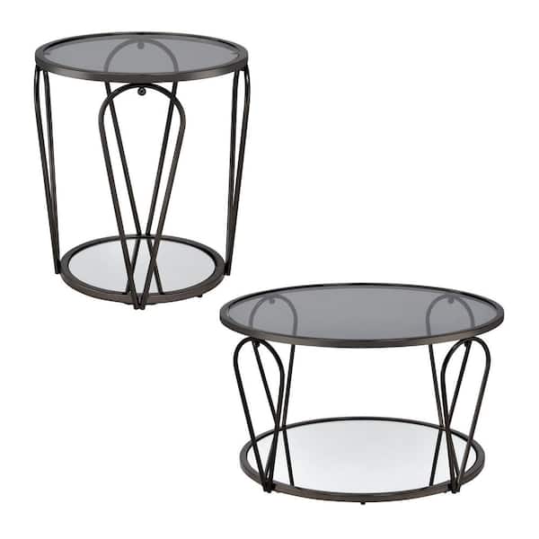 Furniture of America Orrum 31.25 in. Black Nickel and Gray Round Glass Coffee Table Set (2-Piece)