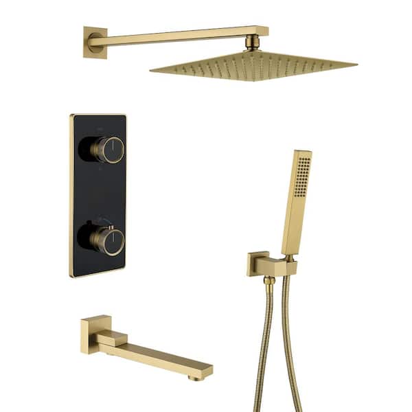 3-Spray Dual Handle Digital Thermostatic Wall Mounting Fixed and Handheld Shower Head 1. 59 GPM in Brushed Gold