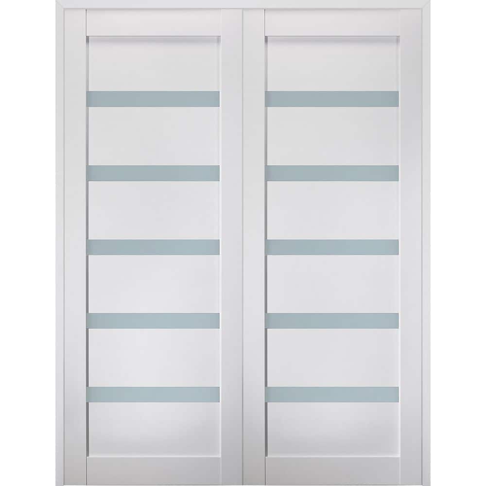 Leora N 60 in. x 80 in. Both Hands Active 5-Lite Frosted Glass Bianco Noble Wood Composite Double Prehung French Door price history on PriceWatchPro