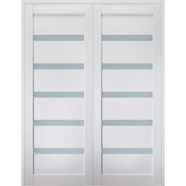 Leora N 60 in. x 80 in. Both Hands Active 5-Lite Frosted Glass Bianco Noble Wood Composite Double Prehung French Door