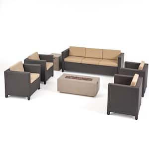 Hammersmith Dark Brown 7-Piece Faux Rattan Patio Fire Pit Seating Set with Beige Cushions
