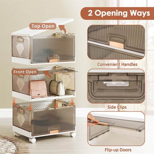 Costway 13.5 Gal. 3-Cube Stackable Storage Bins in White and Brown