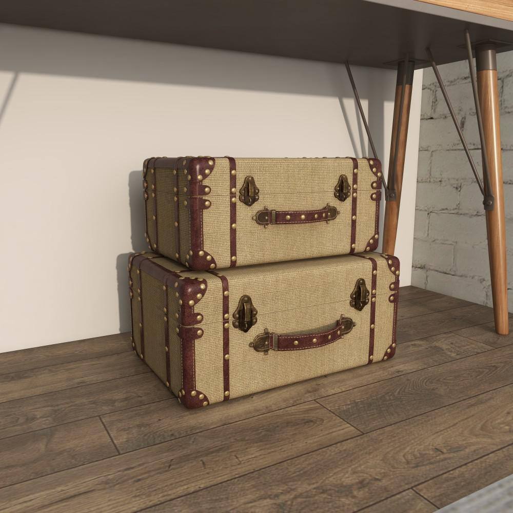 Beige Burlap and Leather Vintage Trunk Set, 2 Pieces