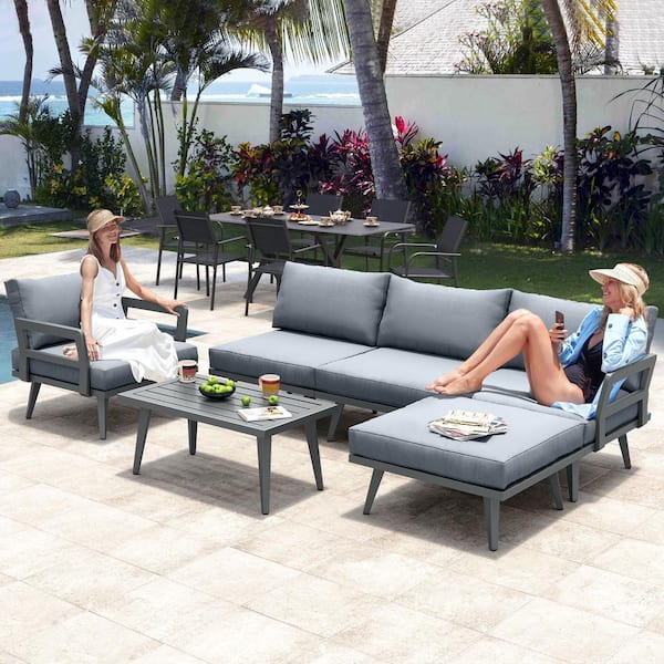 DEXTRUS 4-Piece Aluminum Outdoor Patio Conversation Set with Grey Cushions