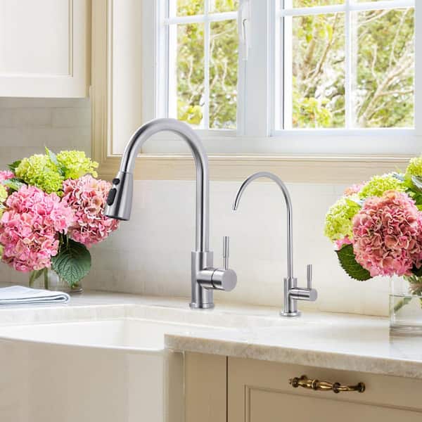Single Handle Pull Down Sprayer Kitchen Faucet with Water Filter Faucet and 3-Mode Pull Down Sprayer in Brushed Nickel