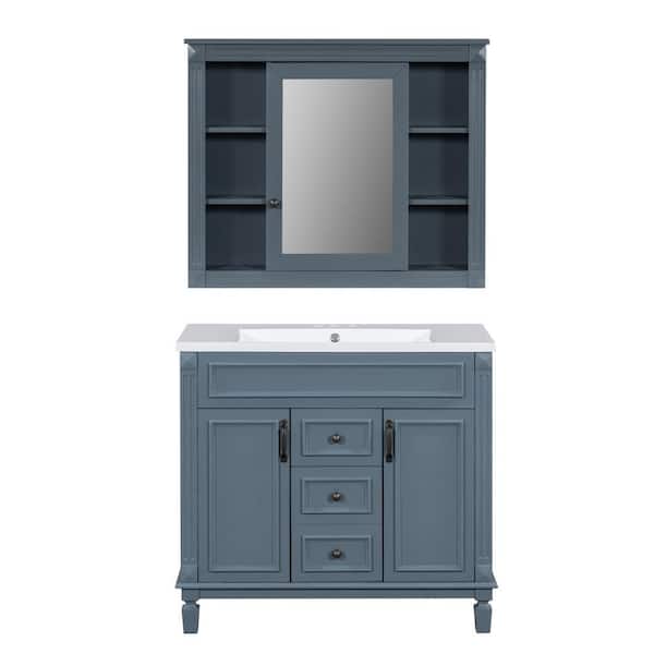 36 in. Single Sink Freestanding 2 Doors 2 Drawers Blue Bath Vanity with White Ceramic Top and Mirror Cabinet