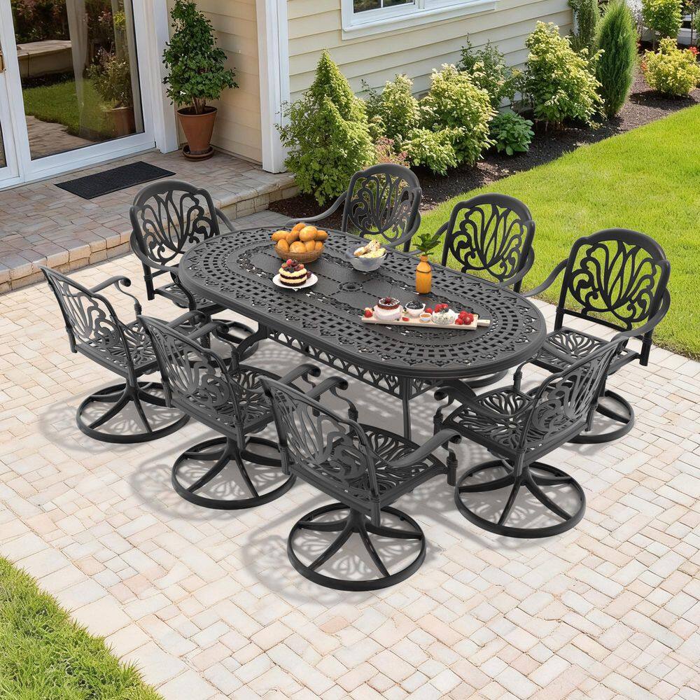 Black 9-Piece Cast Aluminum Outdoor Dining Set with 8 Swivel Rockers with Brown Cushion and 81.89 x 41.34 in. Oval Table price history on PriceWatchPro