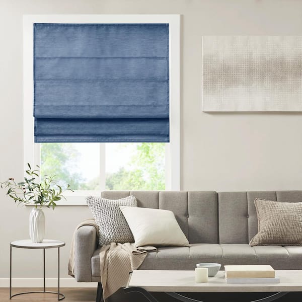 Madison Park Leighton Blue Cordless Printed Polyester 31 in. W x 64 in. L Room Darkening Roman Shade