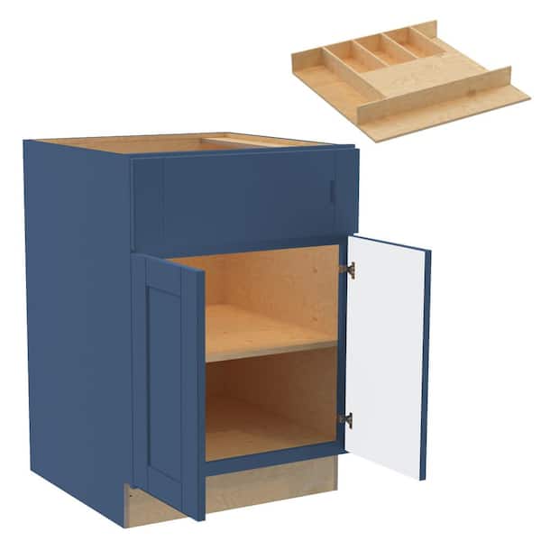 Home Decorators Collection Washington 24 in. W x 24 in. D x 34.5 in. H Vessel Blue Plywood Shaker Assembled Base Kitchen Cabinet Cutlery Tray