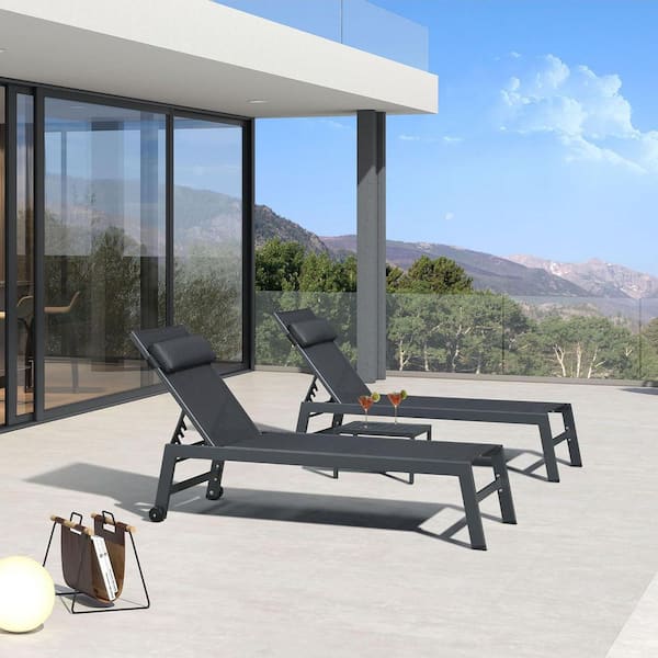 PURPLE LEAF Aluminum Outdoor Lounge Chair Set with Side Table and Pillow for Pool Beach Sunbathing Tanning Recliner, Grey