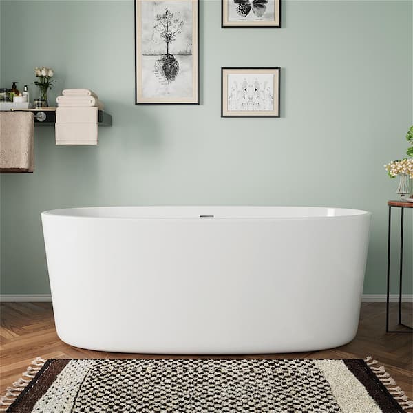 MYCASS AcryliBS 59 in. Acrylic Flatbottom Freestanding Non-Whirlpool Bathtub Soaking Bathtub in White