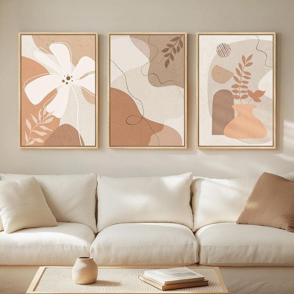 3 Piece Framed Large Tan and Neutral Floral Artworks Poster 24 in. x 16 ...