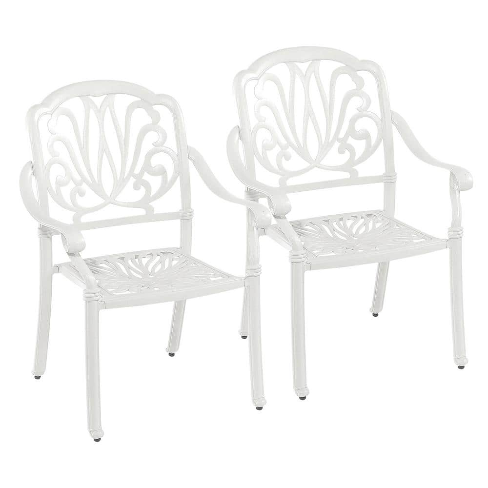 White Cast Aluminum Stackable Outdoor Dining Chairs with Armrest, All-weath