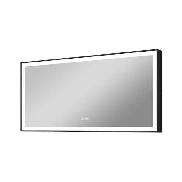 FORCLOVER 60 in. W x 28 in. H Rectangular Framed Anti-Fog Dimmable Wall Mounted LED Bathroom Vanity Mirror in Black
