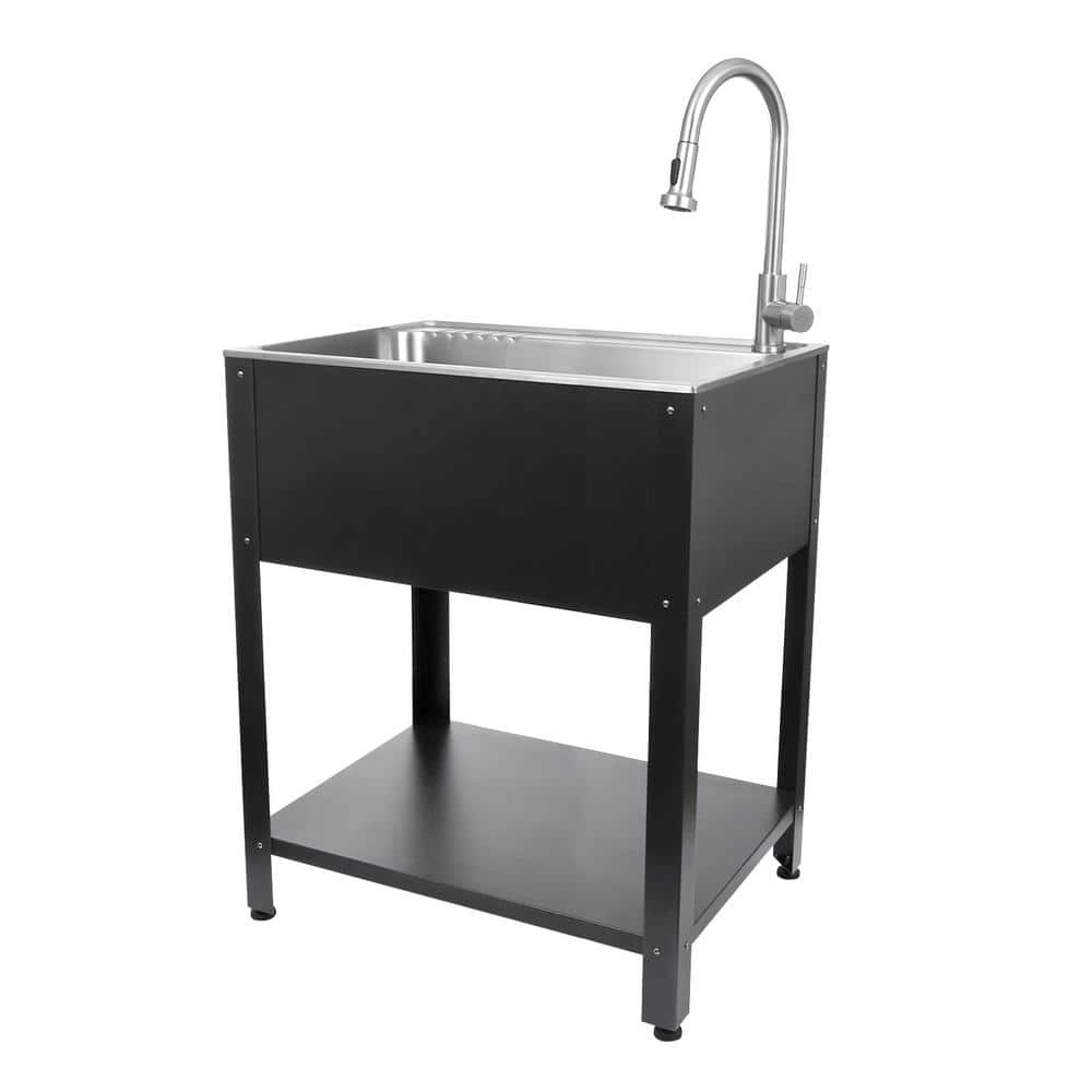 Black Stainless Steel Utility Sink,Outdoor Sink,Single Bowl Kitchen Sinks,Laundry Sink,Freestanding Sink,with Hot＆Cold Water Faucet,Drain 並行輸入品 Utility Sink with Cabinet, Freestanding Stainless Steel Single