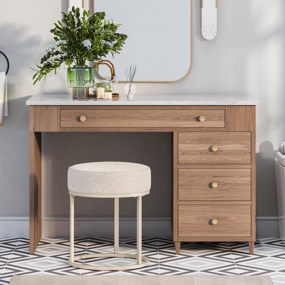 18" Bone White Upholstered Metal Vanity Stool with Round Seat