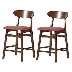 24 in. Orange and Brown Low Back Wooden Frame Counter Stool with Polyester Seat