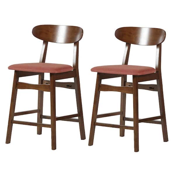 Benjara 24 in. Orange and Brown Low Back Wooden Frame Counter Stool with Polyester Seat