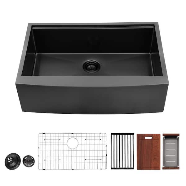 Whatseaso Gunmetal Black Stainless Steel 30 in. Single Bowl Farmhouse Apron Workstation Kitchen Sink with bottom rinse grid