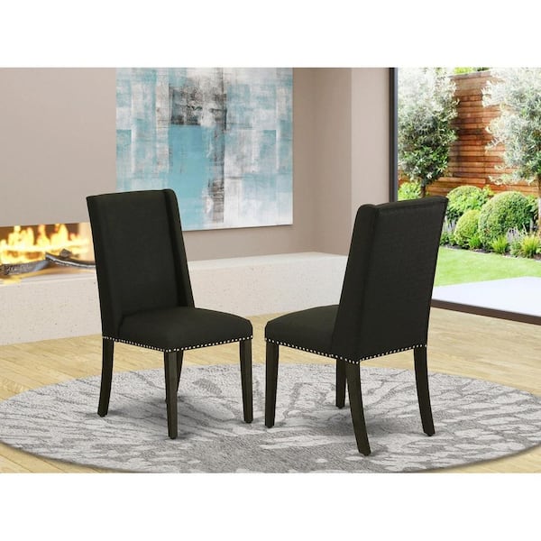 East West Furniture Wirebrushed Black, Parson Dining Room Chairs - Nailhead Trim Black Linen Fabric Padded Chairs, Set Of 2