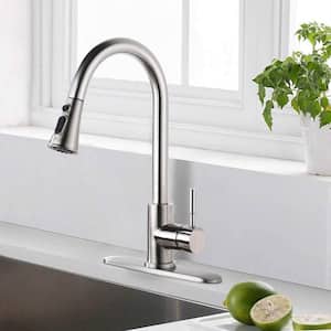 Single Handle Deck Mount Gooseneck Pull Down Sprayer Kitchen Faucet with Deckplate in Brushed Nickel