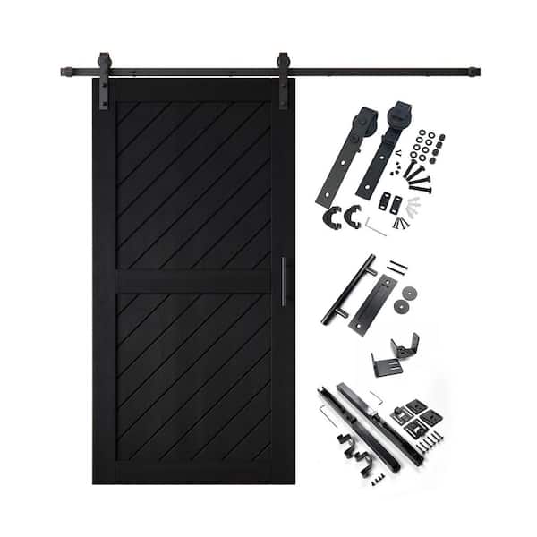 XT1 32 in. x 80 in. C-Panel Black Slanted Stripe Design Solid Pine Wood Sliding Barn Door with Hardware Kit