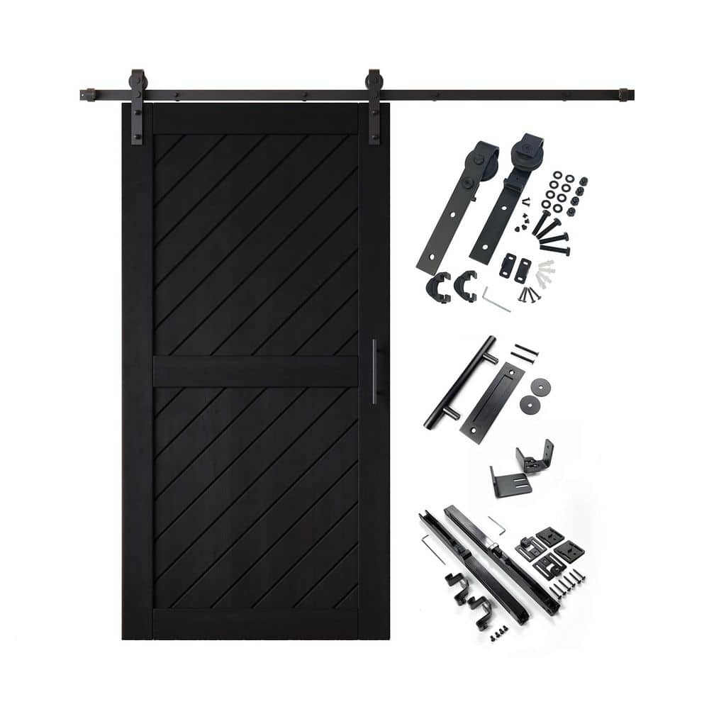 XT1 36 in. x 80 in. C-Panel Black Slanted Stripe Design Solid Pine Wood Sliding Barn Door with Hardware Kit price history on PriceWatchPro