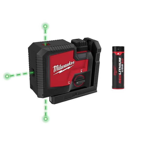 Milwaukee Green 100 ft. 3-Point Rechargeable Laser Level with (2) REDLITHIUM Lithium-Ion USB Batteries and (1) Charger
