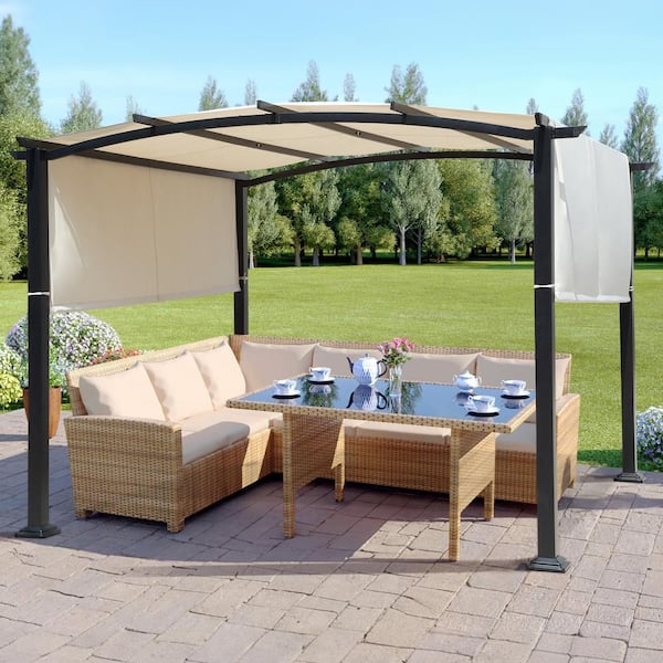 JOYSIDE 10 ft. x 10 ft. Steel Arched Pergola with Beige Shade Canopy