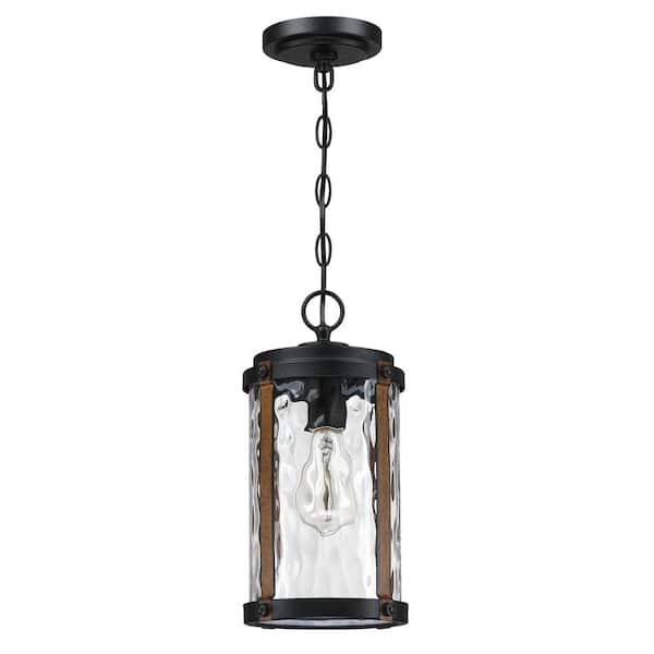 Hukoro Alfa 1-Light Matte Black and Barnwood Accents Outdoor Hanging Lantern Pendant Light with Water Glass Shade