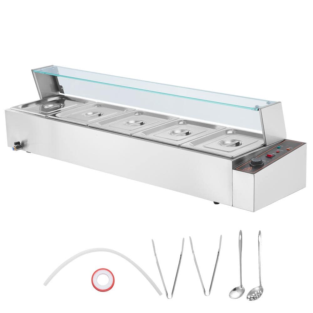 Commercial Food Warmer, 5 x 8 qt. Electric Steam Table with Glass Cover, 1700W Countertop Stainless Steel, Silver 5-Pan